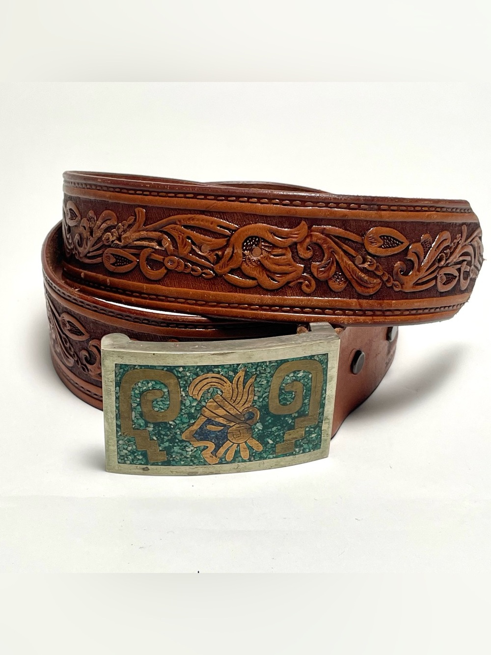 Vtg Mexican Alpaca Buckle Crushed Malachite Aztec & Hand Tooled Leather Belt 38